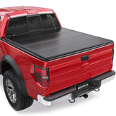 F250 F350 Red pickup truck equipped with a MOSTPLUS FRP hard quad-fold tonneau cover fully closed over the bed