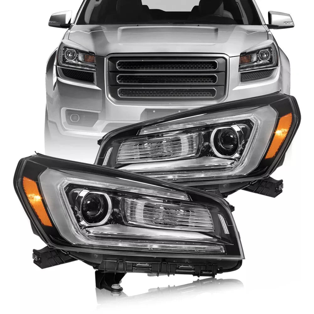 Pair HID Projector Headlights For 2013-2016 GMC Acadia - Black Housing With LED Tube