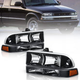 Black Headlights w/ Bumper Lamps Assembly Amber Reflector Headlamps For 1998-2004 Chevy Blazer S10 Pickup LH+RH