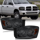 Headlight Assembly Compatible with 2006-2008 Dodge Ram 1500, 2006-2009 Dodge Ram 2500/3500 Replacement Headlamp with Black Housing/Smoke Lens/Amber Reflector