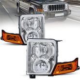 Chrome Housing Headlights Assembly For 2006-2010 Jeep Commander w/ Clear Lens Amber Reflector LH+RH