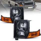Black Housing Headlights Assembly For 2006-2010 Jeep Commander 4-Door w/ Clear Lens Amber Reflector LH+RH