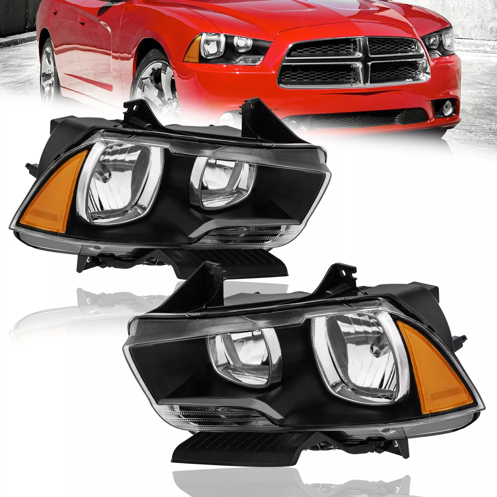 Black Housing Amber Corner Headlight Assembly For 2011-2014 Dodge Charger Halogen LH+RH Black Housing Amber Corner Headlight Assembly For 2011-2014 Dodge Charger Halogen LH+RH