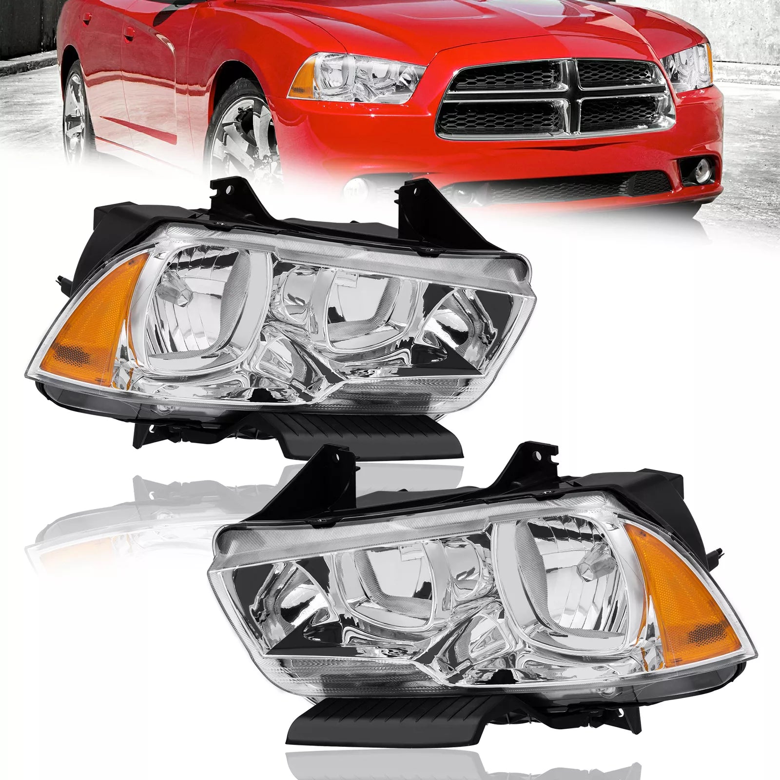 Chrome Headlight Assembly w/ Amber Corner For 2011-2014 Dodge Charger Halogen LH+RH Chrome Headlight Assembly w/ Amber Corner For 2011-2014 Dodge Charger Halogen LH+RH