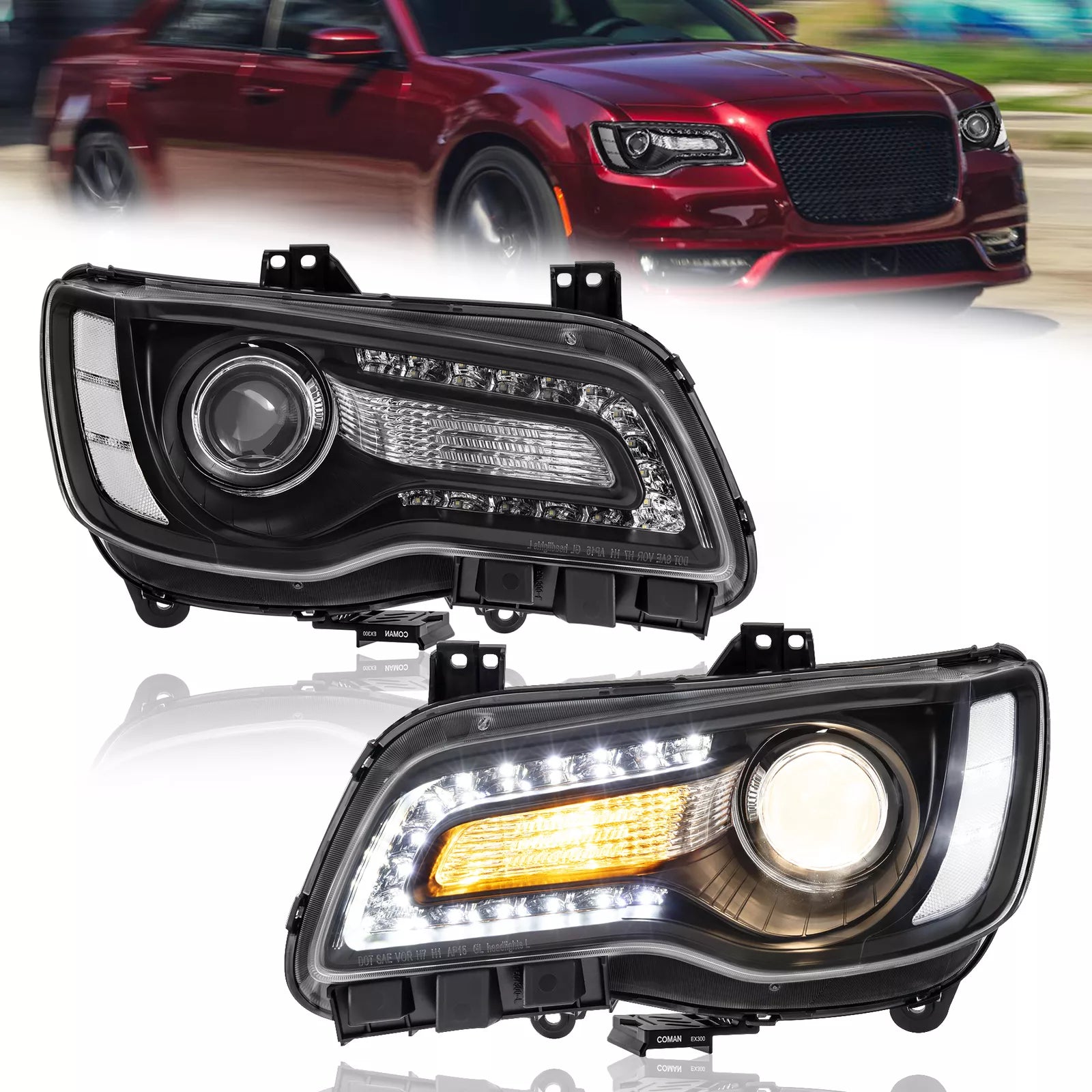 Bryght OE Style Headlights – Black Housing, Clear Lens For 2011-2023 Chrysler 300, Halogen With Bulbs, Pair
