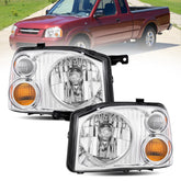 Chrome Headlights Assembly For 2001-2004 Nissan Frontier Base XE w/ Clear Lens Amber Corner LH+RH
