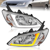 Headlight Assembly Compatible with 2004 2005 Honda Civic w/LED DRL Strip/Chrome Housing/Clear Lens/Amber Reflector