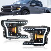 Black Housing Full LED Smoke Lens Headlights Front Lamps & LED Bars For 2018 2019 2020 Ford F-150 2pcs