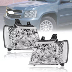 Headlights Assembly For 2007-2014 Chevy Tahoe Avalanche Suburban with Chrome Housing/Clear Lens/Clear Reflector