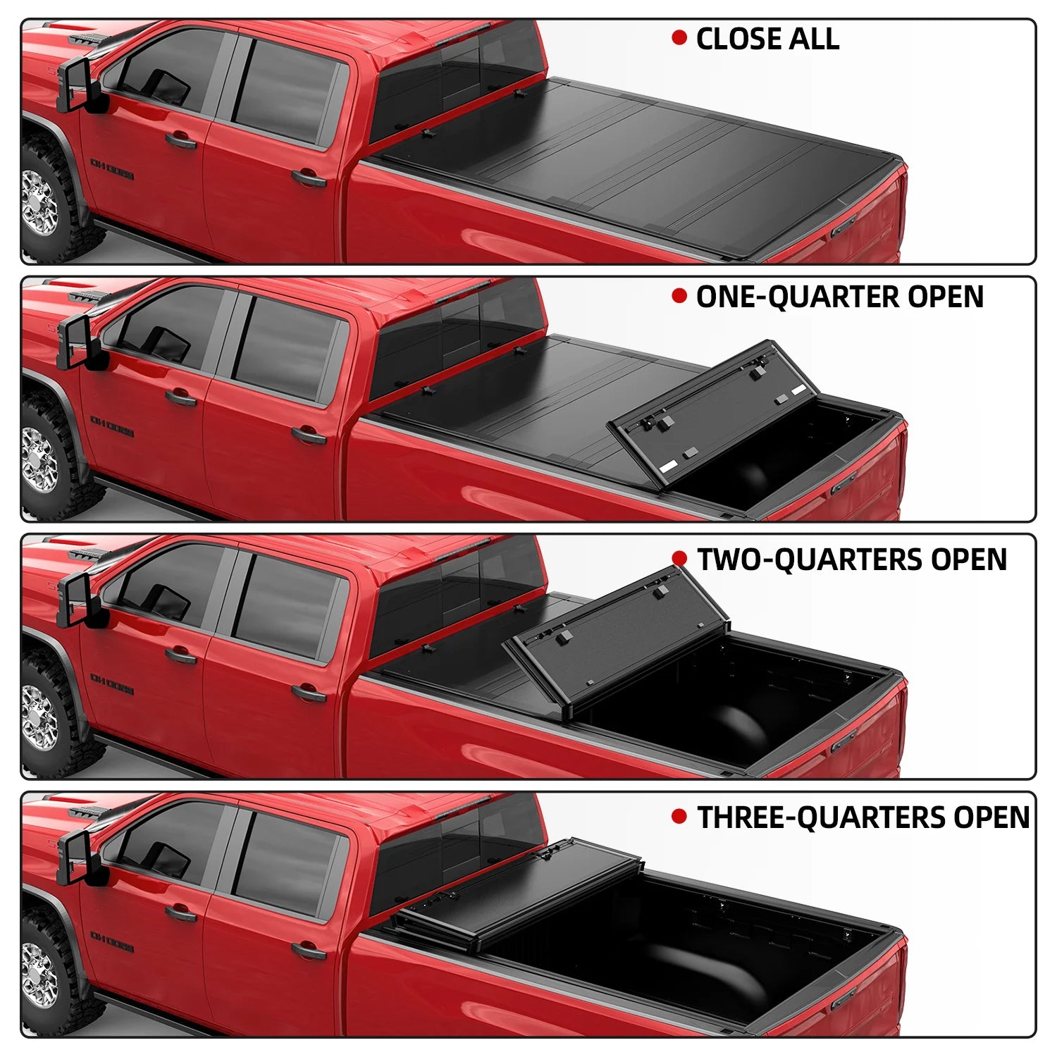 21-24 Ford F150 pickup truck 4-stage folding of MOSTPLUS flush mount hard quad-fold tonneau cover — fully closed, one-quarter open, two-quarters open, and three-quarters open.
