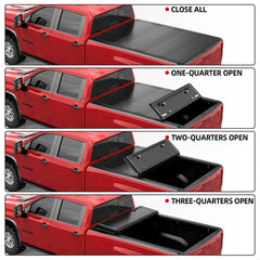 21-24 Ford F150 pickup truck 4-stage folding of MOSTPLUS flush mount hard quad-fold tonneau cover — fully closed, one-quarter open, two-quarters open, and three-quarters open.