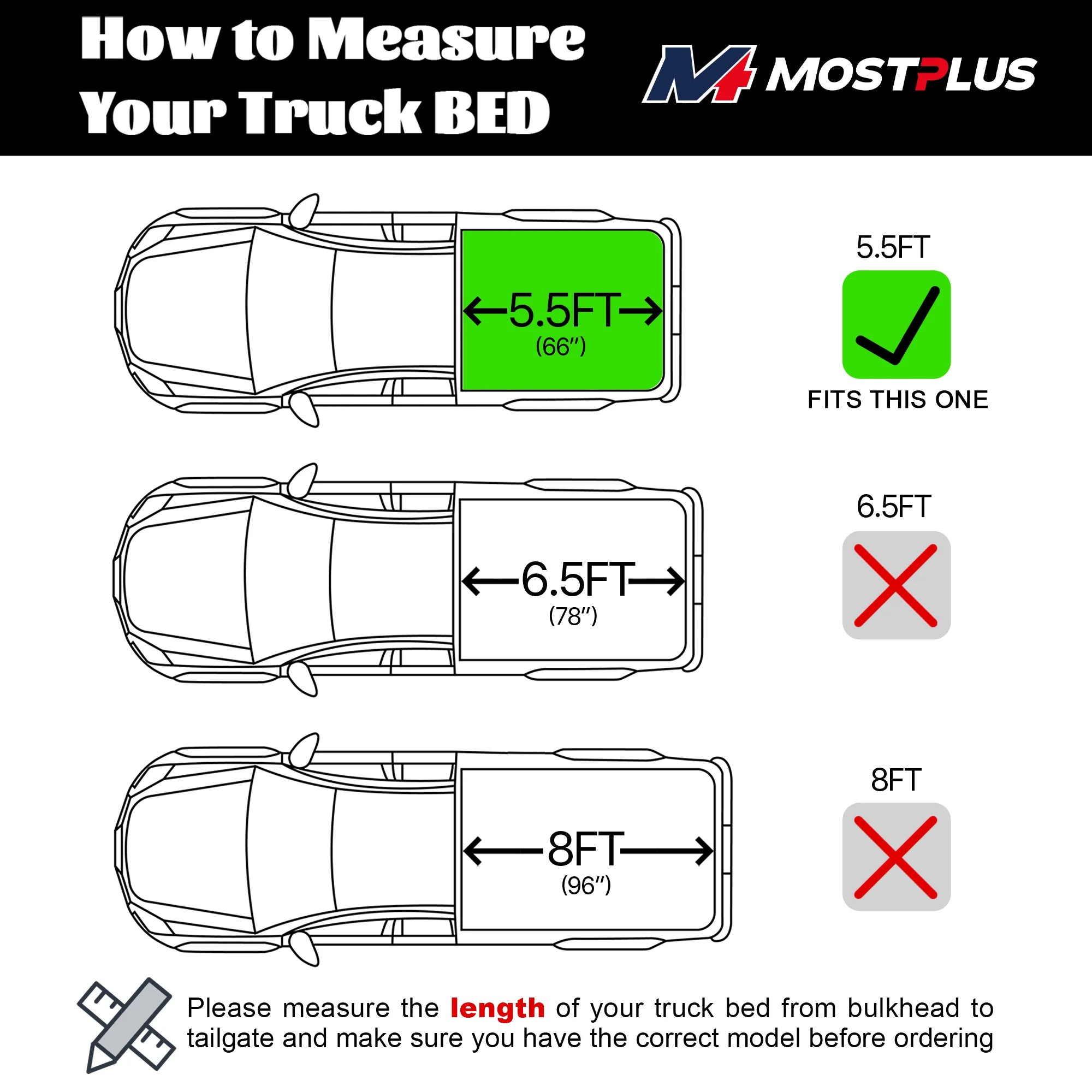 21-24 Ford F150 truck bed size measurement guide showing three pickup trucks with different bed lengths—5.5ft (66"), 6.5ft (78"), and 8ft (96")