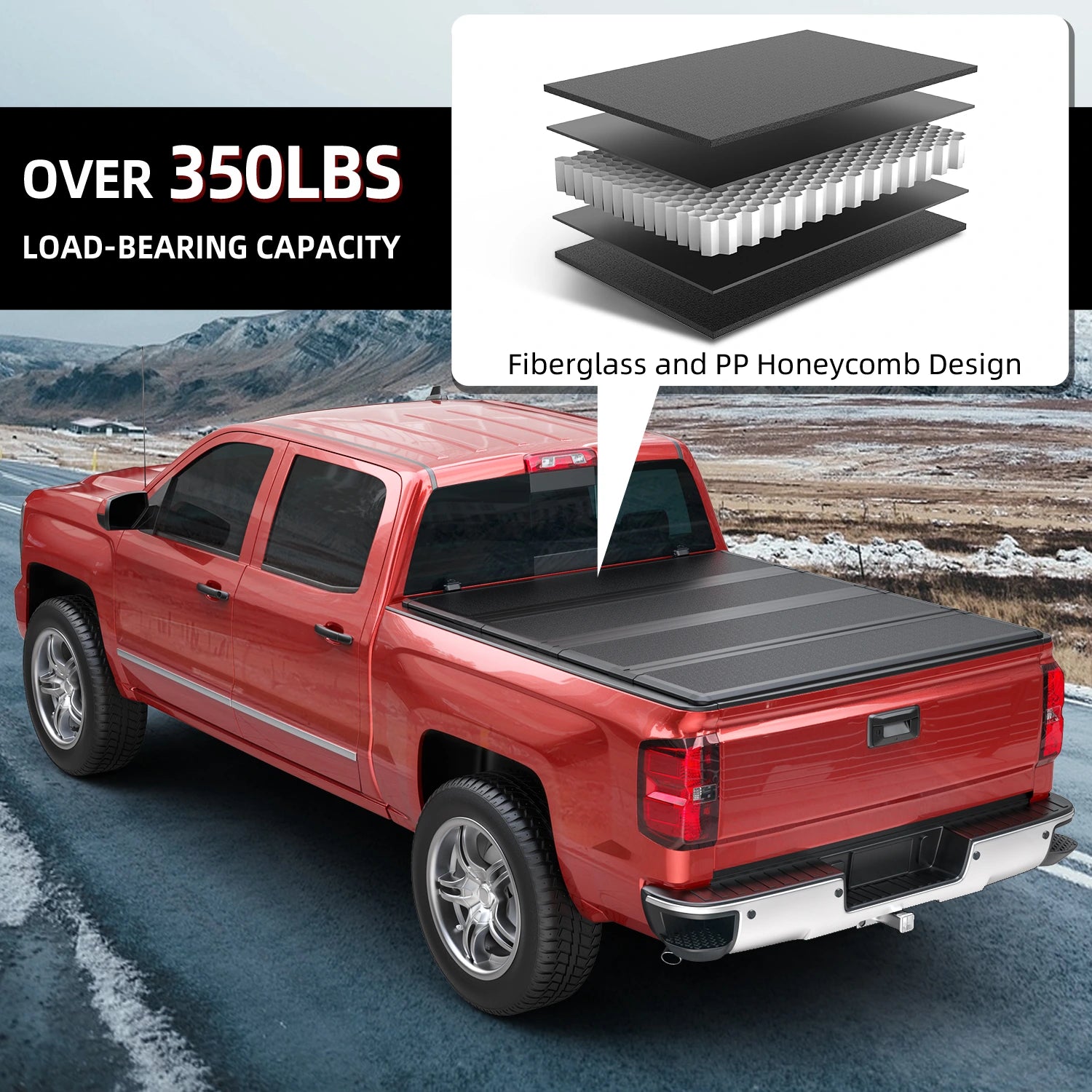 83-11 Ford Ranger red pickup truck with a MOSTPLUS FRP hard quad-fold tonneau cover featuring over 350lbs load-bearing capacity, highlighted by a fibreglass and PP honeycomb core design