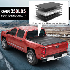 83-11 Ford Ranger red pickup truck with a MOSTPLUS FRP hard quad-fold tonneau cover featuring over 350lbs load-bearing capacity, highlighted by a fibreglass and PP honeycomb core design