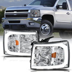 Headlight Assembly For 2007-2013 Chevy Silverado 1500/2500HD/3500HD with LED DRL-Chrome Housing/Clear Lens/Amber Reflector