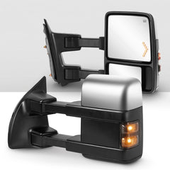 Extendable Chrome Towing Mirrors For 1999-2007 Ford F250 F350 F450 F550 Super Duty Power Heated w/ Smoke Turn Signal Lights (Set of 2)