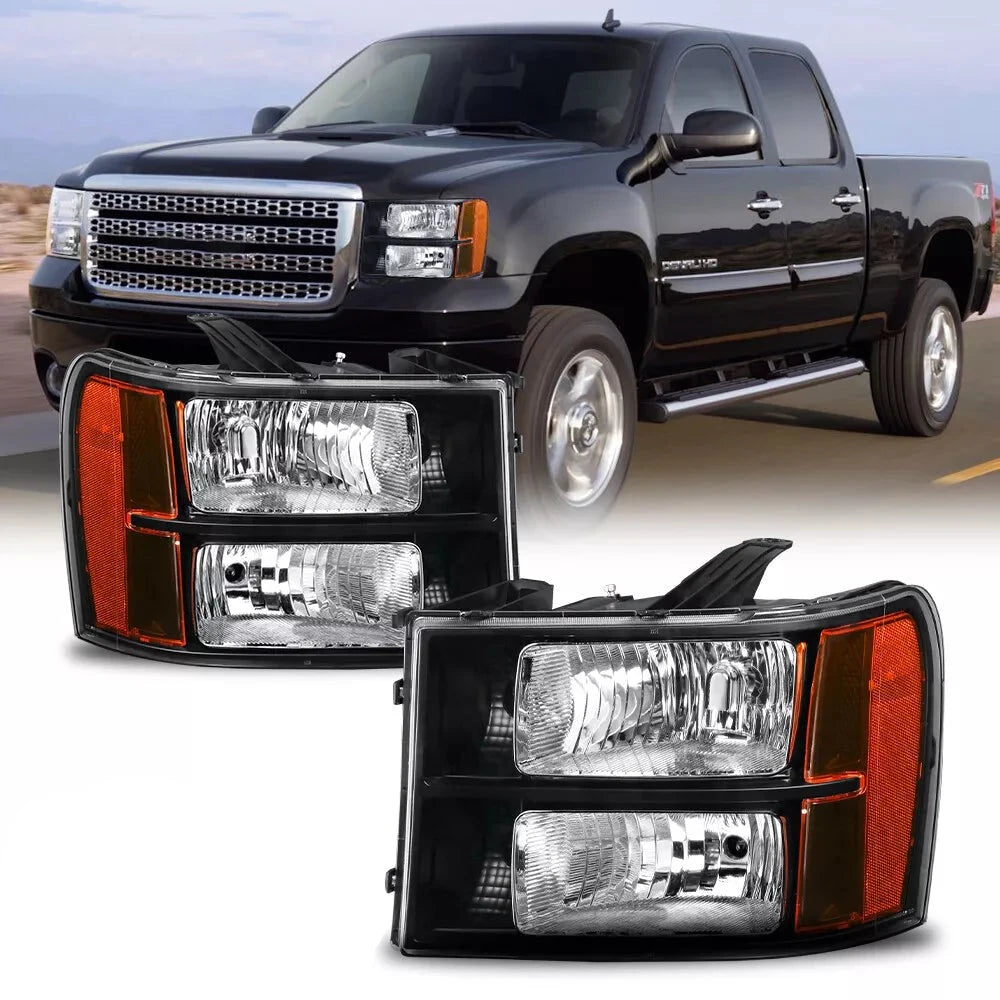 Headlights Assembly Compatible with 2007-2013 GMC Sierra 1500/2007-2014 Sierra 2500HD 3500HD Headlamps Black Housing Clear Lens Amber Reflector (Passenger and Driver Side)