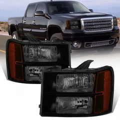 Headlights Assembly Compatible with 2007-2013 GMC Sierra 1500/2007-2014 Sierra 2500HD 3500HD Headlamps Black Housing/Smoke Lens/Amber Reflector (Passenger and Driver Side)