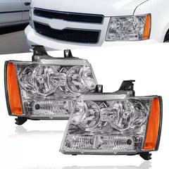 Headlights Assembly For 2007-2014 Chevy Tahoe Avalanche Suburban with Chrome Housing/Clear Lens/Amber Reflector