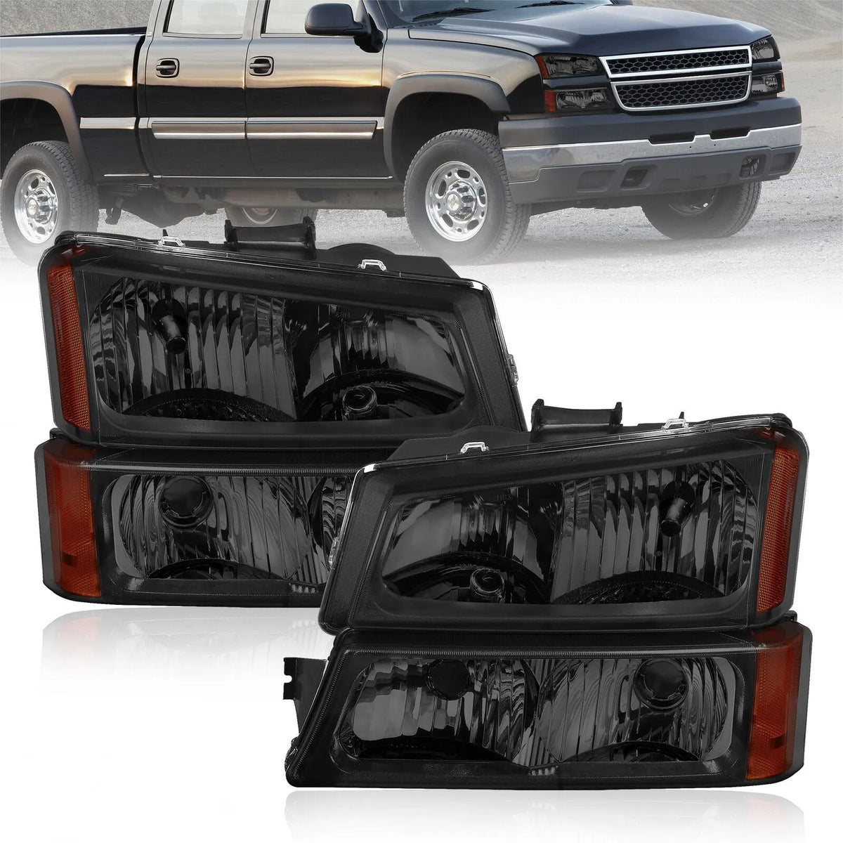 Headlight Assembly For 2003-2007 Chevrolet Silverado 1500 2500 3500/2003-2006 Chevy Avalanche Headlamp with Black Housing/Smoke Lens/Amber Cornor