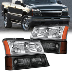 Headlight Assembly For 2003-2007 Chevrolet Silverado Avalanche 1500 2500 3500 Chrome Housing/Transparent Lens/Amber Corner w/Smoke Bumper Lights