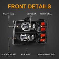 Headlight Assembly For 2007-2013 Silverado 1500 2500HD 3500HD Front Lamp with Black Housing/Clear Lens/Amber Reflector