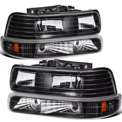 Black Housing Headlights w/Bumper Lights For 1999-2002 Chevy Silverado 1500 2000-2006 Suburban Tahoe LH+RH