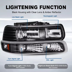 Black Housing Headlights w/Bumper Lights For 1999-2002 Chevy Silverado 1500 2000-2006 Suburban Tahoe LH+RH