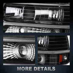 Black Housing Headlights w/Bumper Lights For 1999-2002 Chevy Silverado 1500 2000-2006 Suburban Tahoe LH+RH