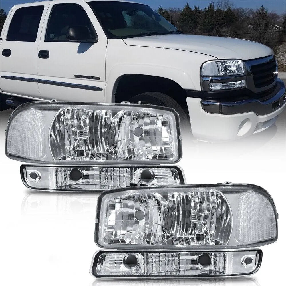 Headlight Assembly Compatible with 1999-2006 GMC Sierra 1500/2500/3500, 2000-2006 Yukon with Chrome Housing/Clear Lens/Clear Reflector