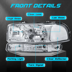 Headlight Assembly Compatible with 1999-2006 GMC Sierra 1500/2500/3500, 2000-2006 Yukon with Chrome Housing/Clear Lens/Clear Reflector