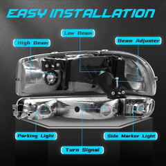 Headlight Assembly Compatible with 1999-2006 GMC Sierra 1500/2500/3500, 2000-2006 Yukon with Chrome Housing/Clear Lens/Clear Reflector