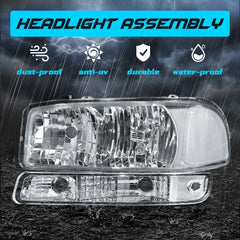 Headlight Assembly Compatible with 1999-2006 GMC Sierra 1500/2500/3500, 2000-2006 Yukon with Chrome Housing/Clear Lens/Clear Reflector