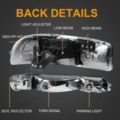 Headlight Assembly Compatible with 1999-2006 GMC Sierra 1500/2500/3500, 2000-2006 Yukon with Black Housing/Clear Lens/Clear Reflector