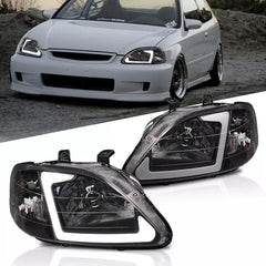 LED DRL Turn Signal Headlights Assembly For 1999-2000 Honda Civic EK EJ with Smoke Housing/Clear Lens/Amber Reflector