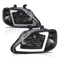 LED DRL Turn Signal Headlights Assembly For 1999-2000 Honda Civic EK EJ with Smoke Housing/Clear Lens/Amber Reflector