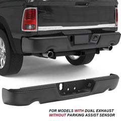 Black Steel Rear Bumper For 2009-2018 Dodge Ram 1500/2010-2018 Ram 2500 3500/2019-2023 Ram 1500 Classic Without Parking Sensor Holes, With Dual Exhaust