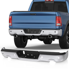 Chrome Steel Rear Bumper For 2009-2018 Dodge Ram 1500/2010-2018 Ram 2500 3500/2019-2023 Ram 1500 Classic with Sensor Holes & Dual Exhaust