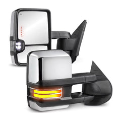 For 2007-2013 Chevrolet Silverado Tahoe/GMC Sierra Chrome Power Heated Manual Extendable Tow Mirrors w/ LED Sequential Turn Signal & Amber Running Light & Clearance Lights