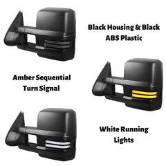 Black Power Heated Tow Mirrors For 2003-2007 Chevy Silverado Tahoe/GMC Sierra Yukon w/Sequential Turn Light, White Running Light