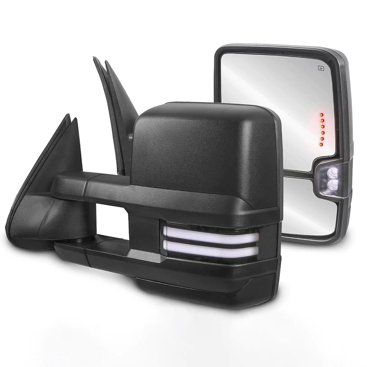 Black Power Heated Tow Mirrors For 2003-2007 Chevy Silverado Tahoe/GMC Sierra Yukon w/Sequential Turn Light, White Running Light