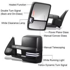 Black Power Heated Tow Mirrors For 2014-2018 Chevy Silverado GMC Serria w/Sequential Turn Light, White Running Light