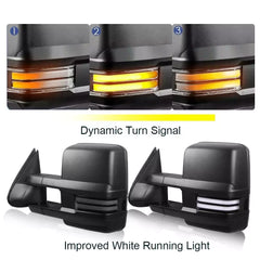 Black Power Heated Tow Mirrors For 2014-2018 Chevy Silverado GMC Serria w/Sequential Turn Light, White Running Light