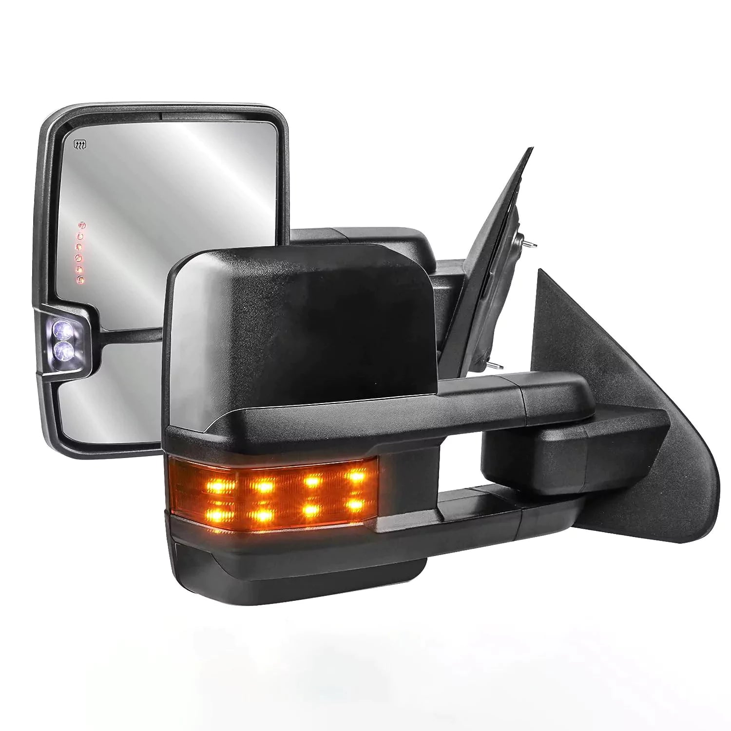 Black Power Folding Towing Mirrors For 2014-2018 Silverado Sierra 1500 2500HD 3500HD with Turn Light, Clearance Lamp, Running Light, Control Switch