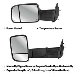 Black Power Heated Towing Mirrors For 2009-2018 Dodge Ram 1500 2010-2018 2500 3500, 2019-2023 Ram 1500 Classic With LED Turn Signal & Temp Sensor Pair(2)