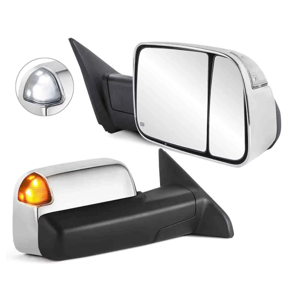 Chrome Power Heated Tow Mirrors For 2009-2018 Ram 1500/2500/3500 w/ TEMP Sensor Running Light