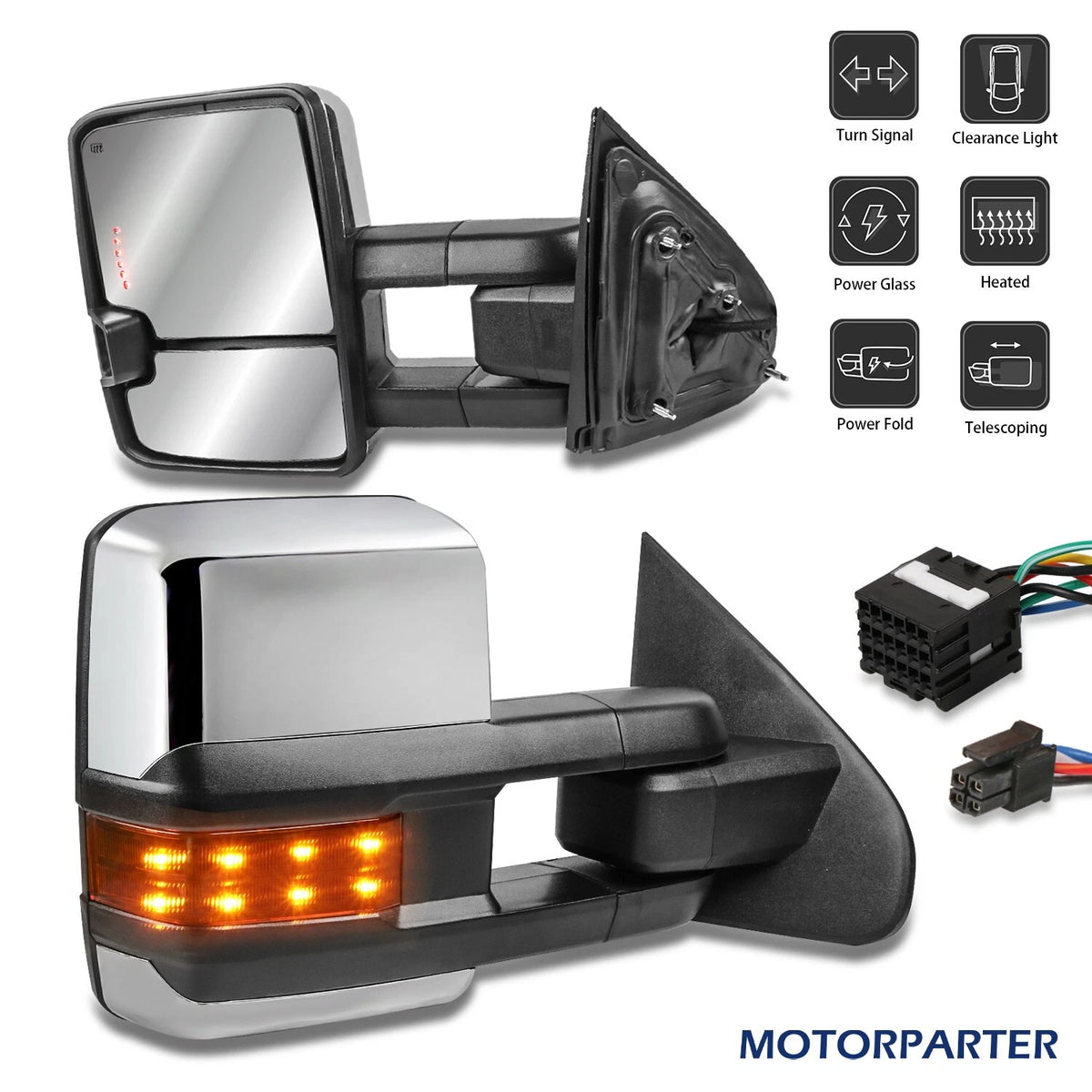 Motorparter Chrome Tow Mirrors Power Fold Heated For Chevy Silverado GMC Sierra 1500 2014-18