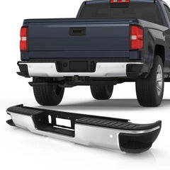 Used Chrome Steel Rear Bumper For 2014-2018 Chevy Silverado GMC Sierra 1500 w/Conner Steps & Parking Sensor Holes