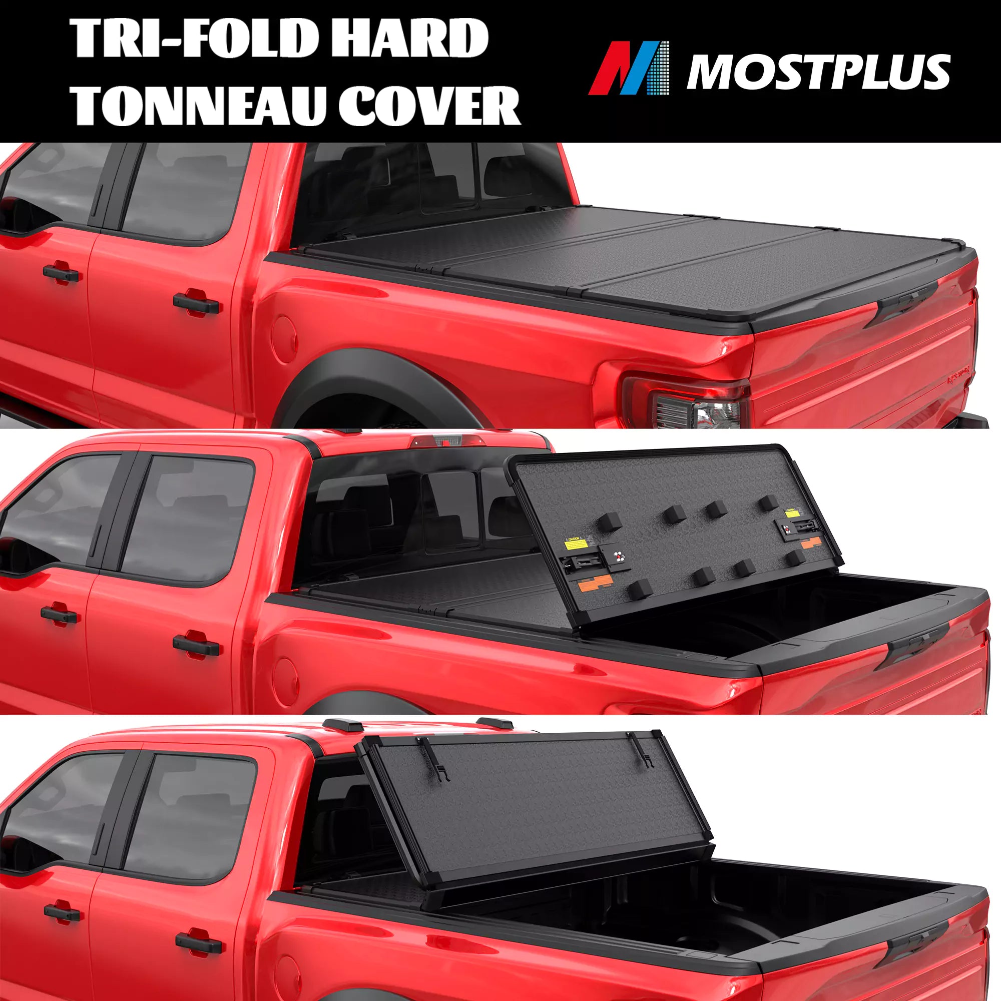Hard Tri-Fold Tonneau Cover For 2019-2021 Ford Ranger 5ft Bed | Fiberglass, Black, No-Drill Installation