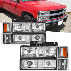 Chrome Housing Headlights W/Bump Lamps For 1994-2000 Chevy C/K 1500 2500 3500 Pickup 2pcs